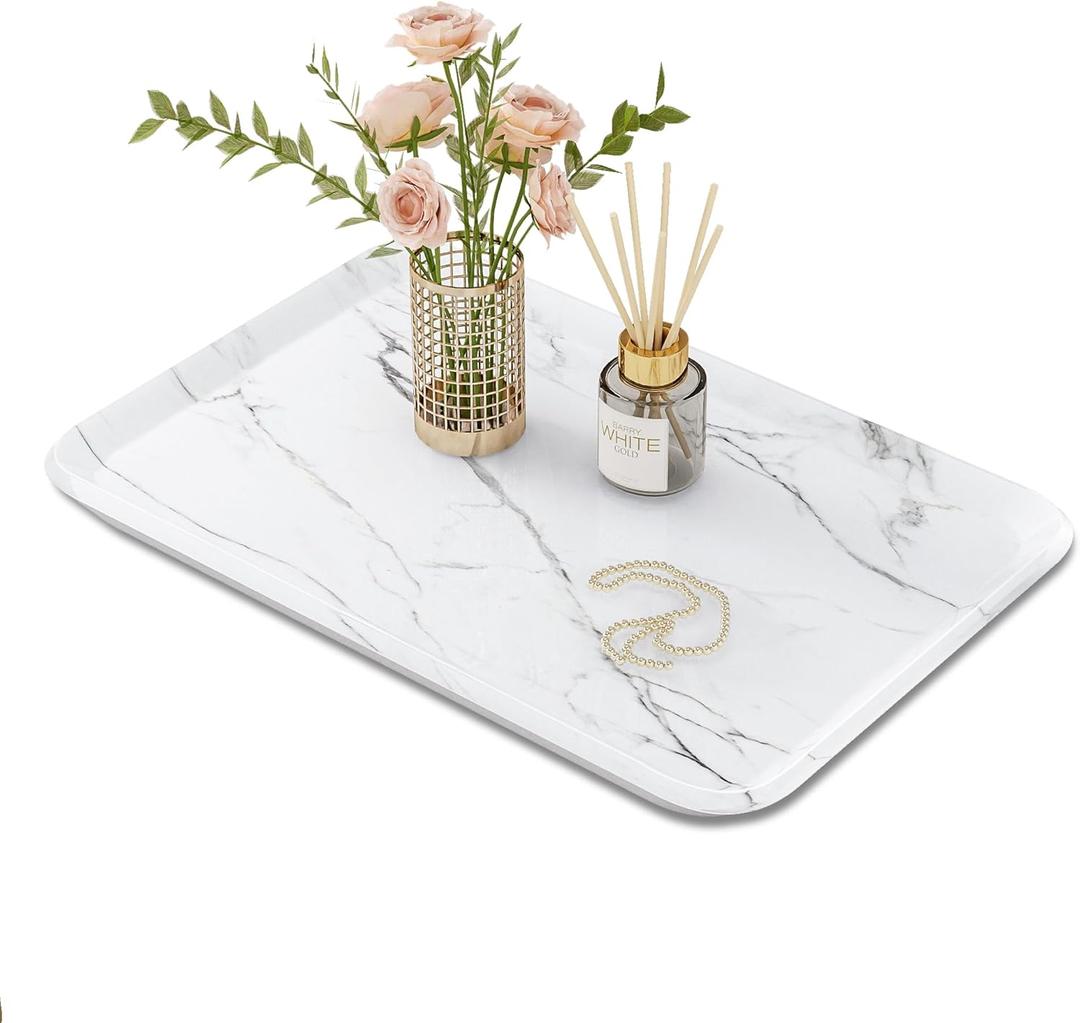 Vanity Decorative Tray, 12" x 8" White Marble Pattern Perfume Tray, Bathroom & Countertop Organizer for Soap, Jewelry, Candle