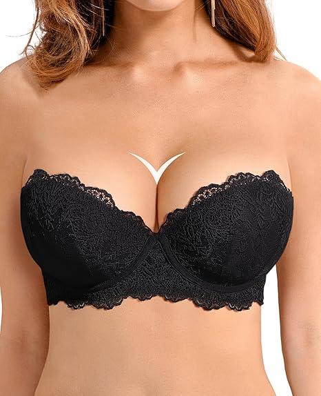 Women's Strapless Push Up Bra Convertible Multiway Lace Padded Underwire Bras with Clear Straps, 32B