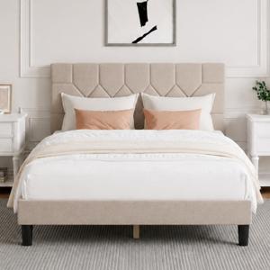 Novilla Queen Bed Frame with Headboard, Bed Frame Queen Size with Wood Slats Support, Linen Upholstered Pull-Point Headboard, No Box Spring Needed, Metal Support Heavy Duty Feet, Easy Assembly, Beige