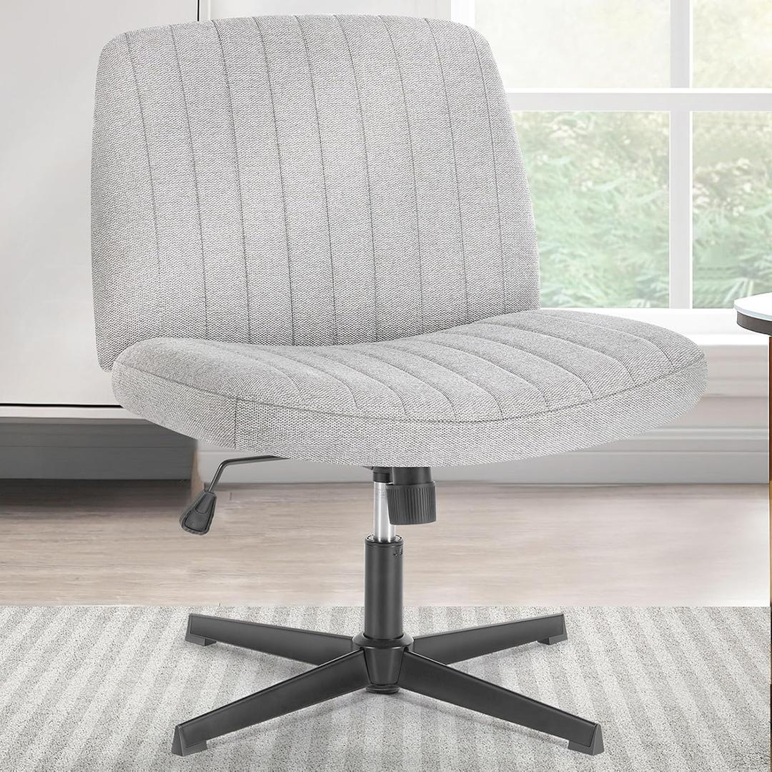 Sweetcrispy Criss Cross Chair Legged, Armless Office Wide Desk Chair No Wheels, Swivel Vanity Height Adjustable Fabric Modern Computer Task Seating for Home - Grey