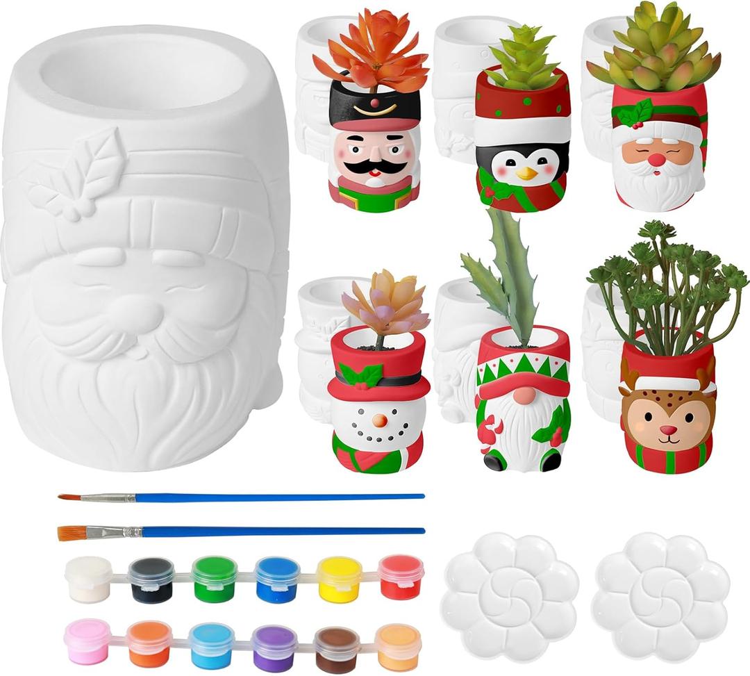 yiilead 6 Pcs Christmas Ceramics to Paint Succulent Planters,DIY Paintable Ceramics Figurines Kit Crafts with Brush Palette Paint for Adults Boys Girls(4.3 inch)
