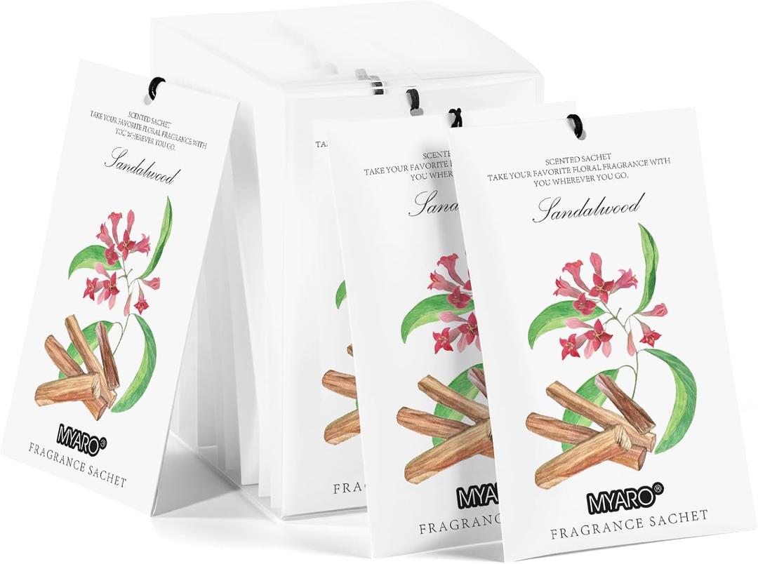 MYARO 12 Pack Sandalwood Scented Sachets for Drawer, Closet & Small Spaces Air Freshener Bags, Odor Eliminator for Clothes, Car, Wardrobe, Home Fragrance Gift Set
