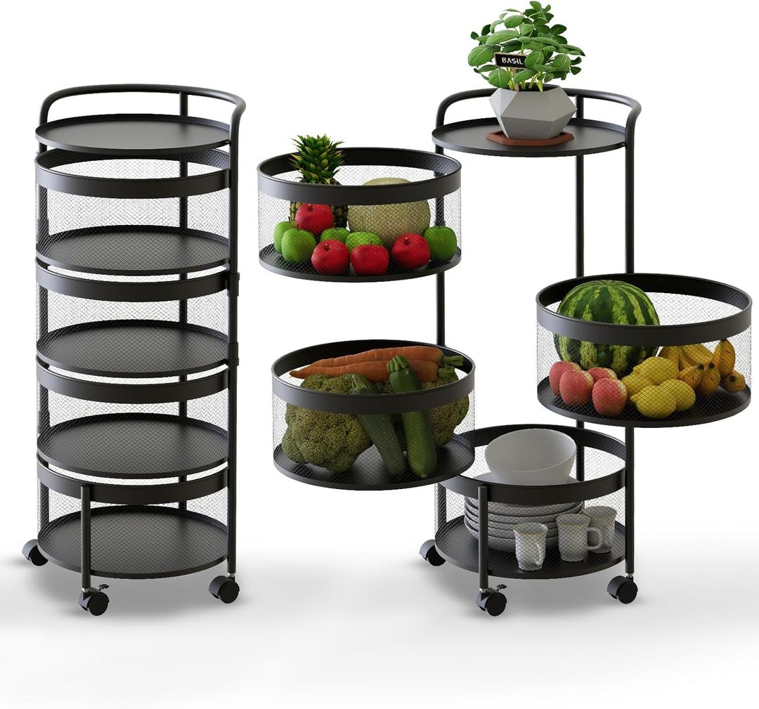 Rotating Kitchen Storage Rack No Assembly, 4-Tier Round Metal Storage Basket Shelves,Rotating Tower Organizer with Rolling Wheels with 4 Drawers for Fruit Vegetable Grocery(4-Tier, Black) 