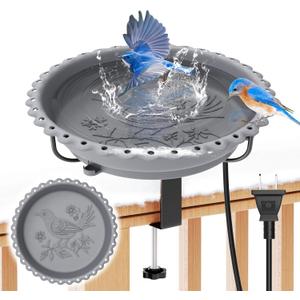 Heated Bird Baths for Outdoors, Upgraded 100W Thermostatically Controlled Heated Bird Bath for Deck Railing Large Capacity Heated Birdbath for Outside Winter Garden Yard Patio Lawn (Grey) (Gray)