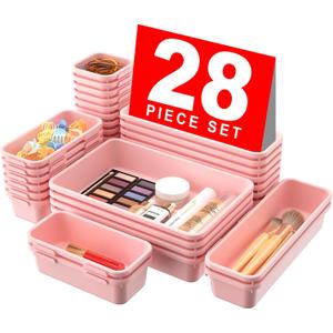 A-LuGei 28PCS Drawer Organizer, Bathroom Organizers and Storage, Makeup organizer, Desk drawer organizer, Storage Bins for Kitchen Office Bedroom Vanity Jewelry Pantry Garage, Pink, 4Size