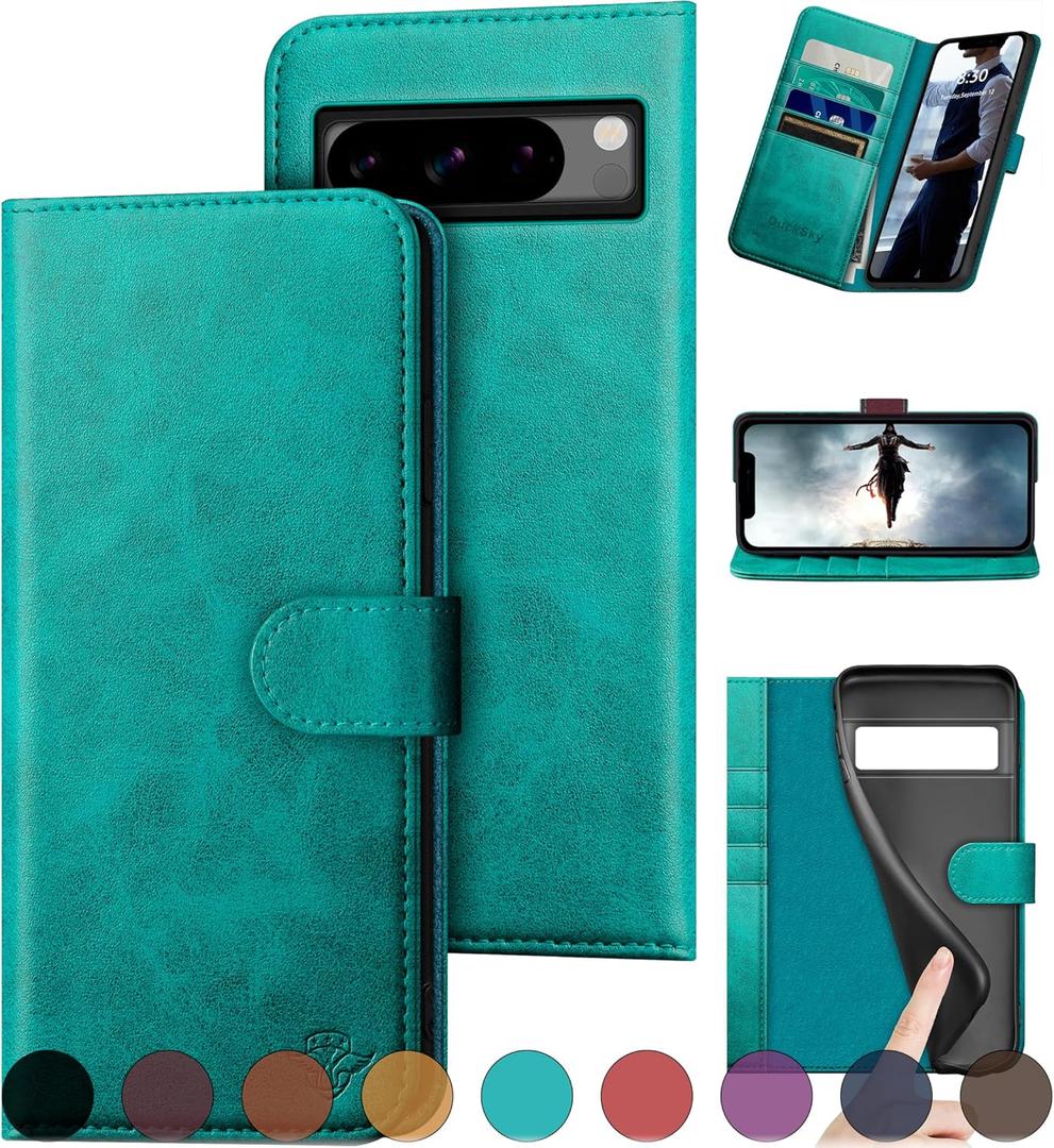 DuckSky for Google Pixel 8 Pro Genuine Leather Wallet case 【RFID Blocking】【4 Credit Card Holder】【Real Leather】 Flip Folio Book Phone case Protective Cover Women Men for Pixel 8Pro case Blue Green