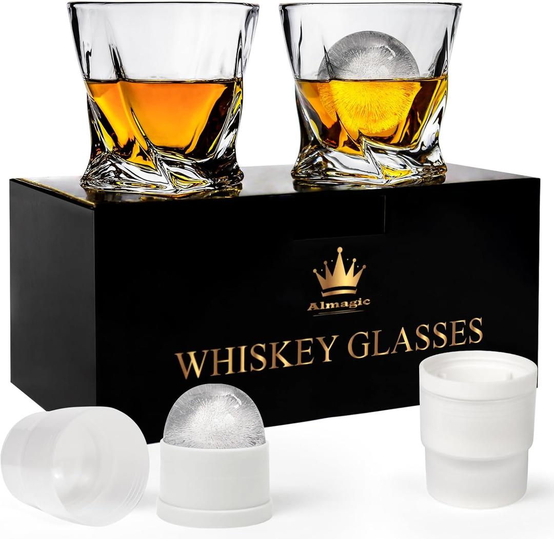 Crystal Whiskey Glasses Set of 2 with Ice Ball Molds, 11 Oz Old Fashioned Glasses Packaged in Giftable Box, Twisted Style Bourbon Glasses Gifts for Men, Stylish Whiskey Glasses Set