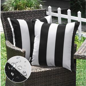 WESTERN HOME WH Pack of 2 Decorative Outdoor Waterproof Striped Throw Pillow Covers Polyester Garden Modern Farmhouse Striped Cushion Cases for Patio Tent Balcony Couch Sofa 18x18 inch Black