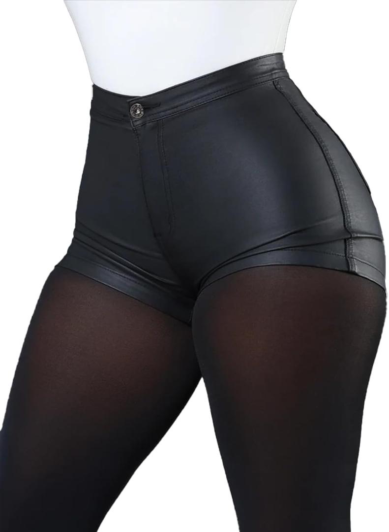 Women's Black Faux Leather Shorts High Waist Sexy Stretch Mini Booty Hot Shorts (Black, S)