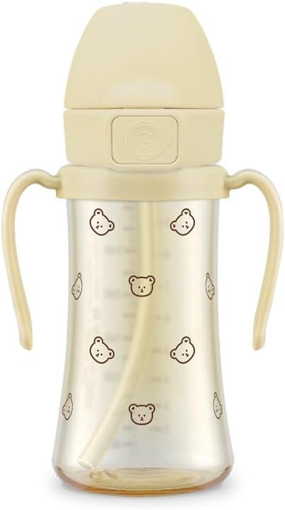 GROSMIMI Flip Top Spill Proof Sippy Cup, PPSU, BPA Free, 10 oz, Stage 2 Straw for Toddlers (Bear)