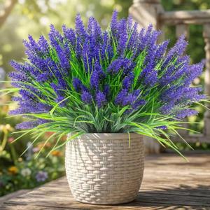 Rowfad 44 Pcs Artificial Outdoor Flowers Lavender Fake Greenery Plants UV Resistant Grass with Purple Flowers for Pot Decor for Window Garden Patio Hanging Planter Pathway Front Porch (44, Purple)
