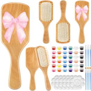 Meanplan 6 Set DIY Wooden Hairbrush Painting Kits Make Your Own Hair Brush Girls Hand-Painted Hairbrush Night Party Supplies with Paint Brush and Palette for DIY Gift Party Crafts