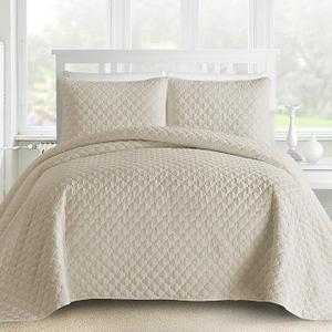 Comfy Bedding Oversized and Prewashed Lantern Ogee Quilted Bedspread Coverlet Set, King/California King, Beige