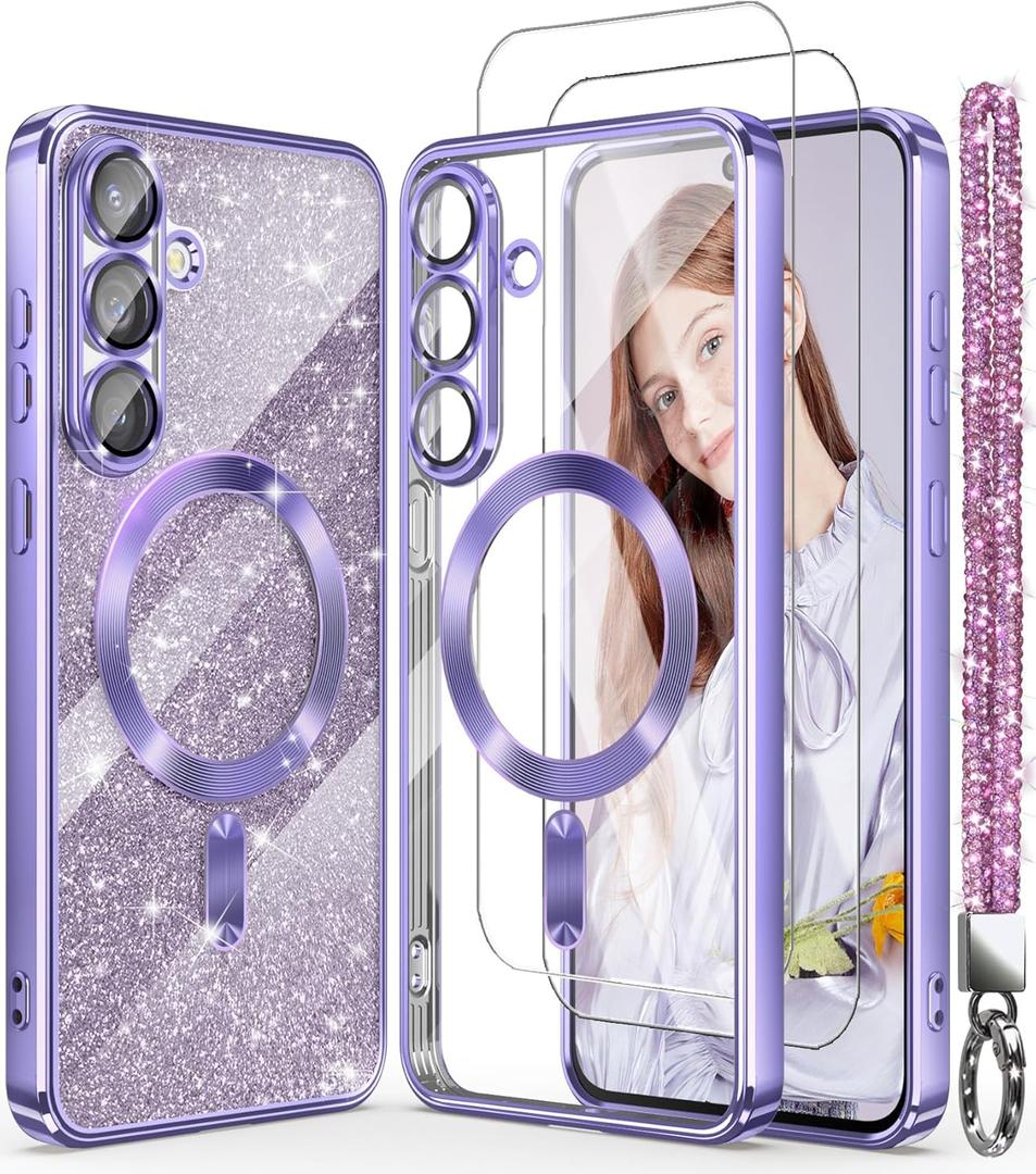 Magnetic for Samsung Galaxy S25 FE 5G Case + 2X Screen Protectors,Luxury Plated Gold Edge [Glitter Card&Wrist Strap] Slim Soft Crystal Clear TPU Shockproof Case Cover for S25 FE-Light Purple