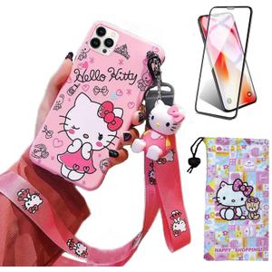 Compatible with iPhone 14 Pro Case with Screen Protector, Cartoon Cute Funny Kawaii Cat Kitty Animal Character Phone Case Silicone Lanyard 3D Cover Case for Kids Girls and Womens