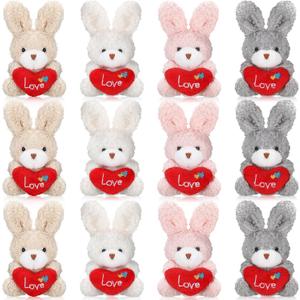 Jexine 12 Pcs Valentine's Day Mini Bunny Bulk Small Heart Rabbit Plush Stuffed 3.2 Inches Small Animal Toys for DIY Valentines Birthday Wedding Carnival Classroom Prizes Gift Goodie Bag Filler