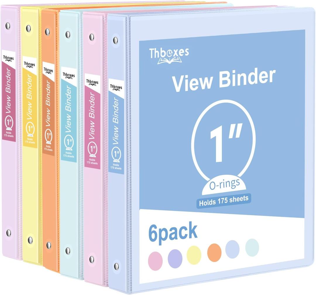 3 Ring Binder - 6 Pack, 1 Inch Binder with 2 Interior Pockets & Clear View Overlay, Large Capacity, Round Ring Binders for Office Supplies, School & Home (6 Colors) (Multicolor)