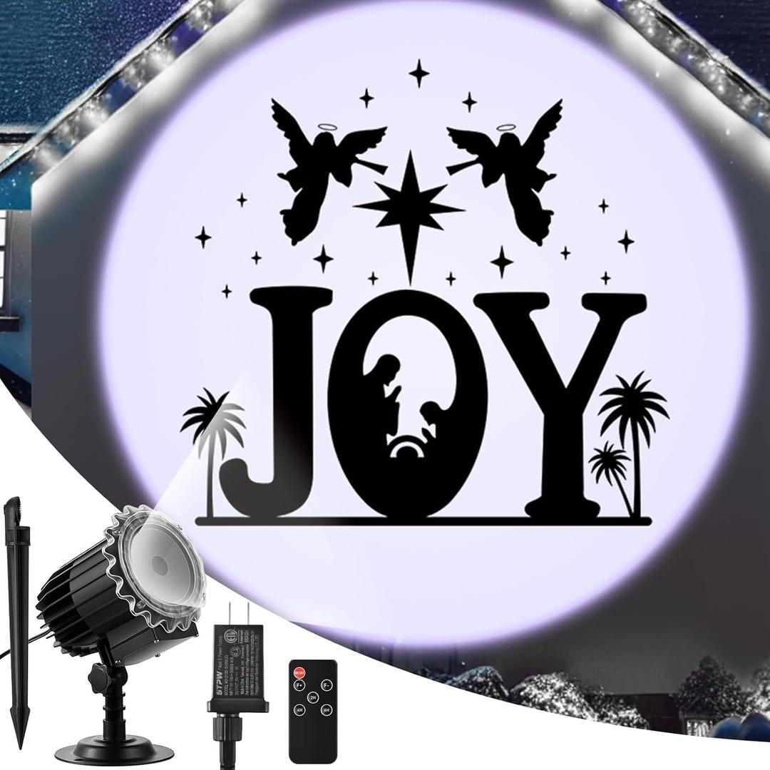 Hohean Christmas Nativity Projector Lights Outdoor Indoor, Waterproof LED Christmas Joy Themed Nativity Scene Projector with Timer Remote for Wall Windows Garage Doors Yard Xmas Decor(White)