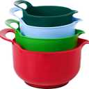 BoxedHome 4 Pack Nesting Mixing Bowl Christmas Set with Pour Spout and Handle, BPA free Microwave & Dishwasher Safe(Christmas colours, 4 Pack with Handle, Random colour silicone scraper included) (reddish green)