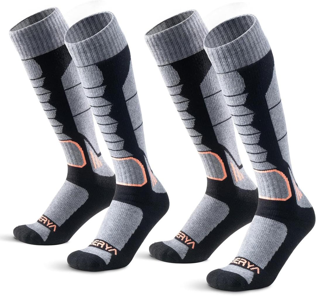 Merino Wool Ski Socks for Men, Women & Youth - Over-the-Calf Full Cushion Thermal Snowboard Socks, Winter Performance (X-Large, Black)