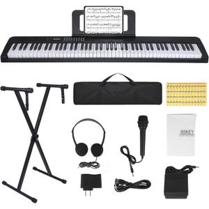 88 Key Piano Keyboard, Electric Digital Piano with Semi Weighted Keys, Keyboard Piano with Sustain Pedal, Power Supply, Stand, Carrying Case, Headphones, USB-MIDI Compatibility, for Beginner Adults (Black)