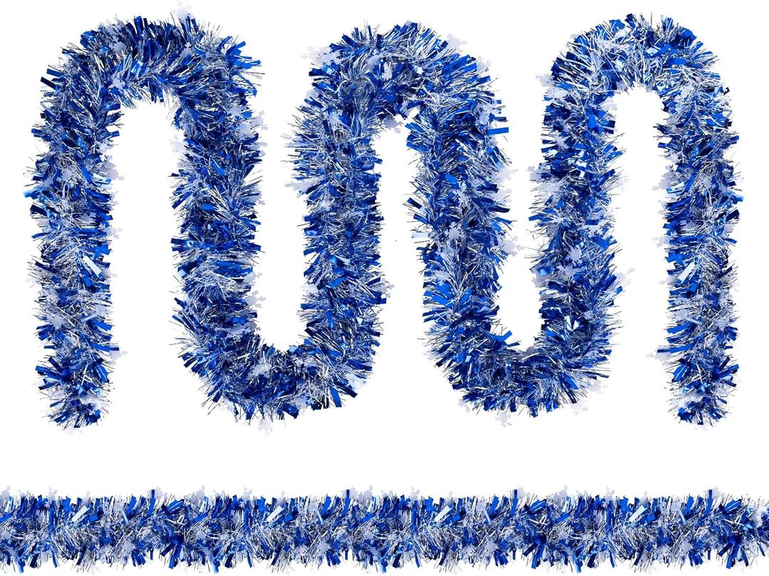 2 x 33FT Christmas Garland, Blue and Silver Tinsel Garland Shiny Hanging Garland for Home Tree Door Mantle Indoor Outdoor Holiday Xmas Party Decor