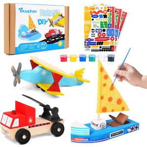 Wooden Build Paint Art Crafts Kit 3 Pack, Make Your Own Car Boat & Plane DIY Craft Toys for Kids Boys, STEM Educational Toy Set for Kids Ages 4-8, 8-12