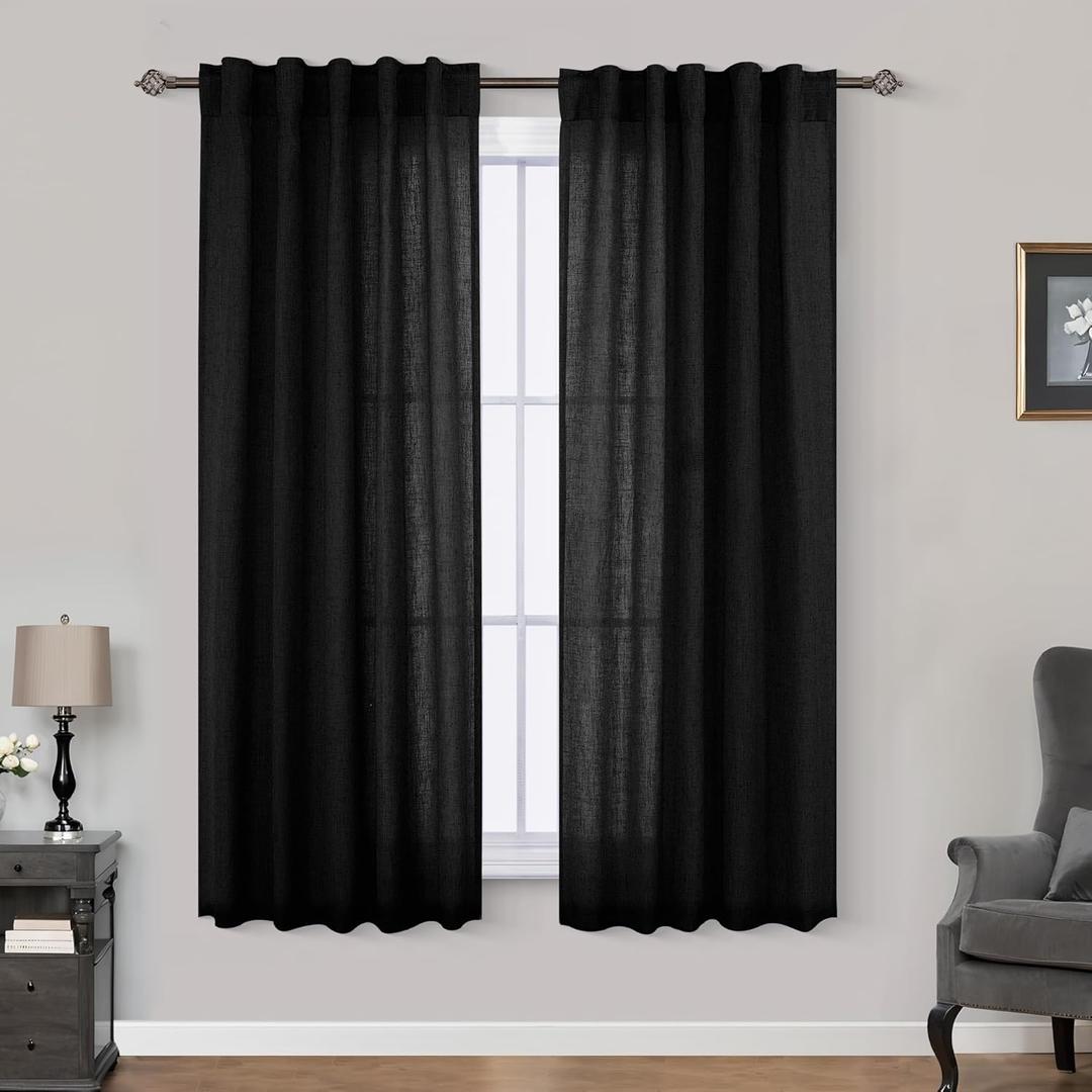 Mrs.Naturall Black 36x54 Inches Long Back Tab Linen Blend Sheer Curtains