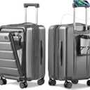 Expandable 20Inch Carry On Luggage Airline Approved - Front Pocket Hardside Travel Suitcase Unbreakable -with Cup Holder,USB Charge,Side Pothook, 360Spinner Wheels, TSA Lock-Grey