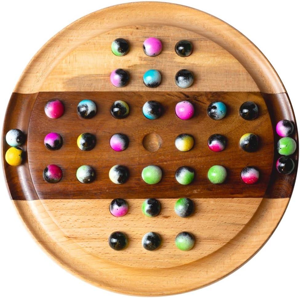Premium 10-Inch Wooden Solitaire Board  36 Colorful Marbles on Mixed Wood  Strategy Game for Adults & Family  Classic Solo Board Game