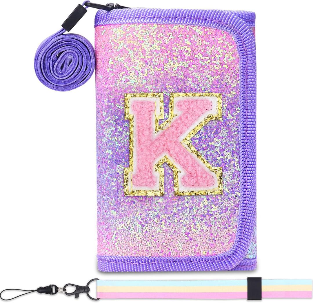 Kids Wallet for Little Girls - Toddler & Teen Girl Wallets with Initials, Coin Pocket & Magic Sticker - Purple