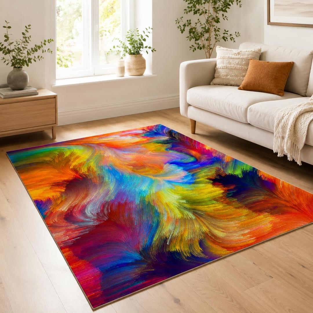 Abstract Ink Area Rugs4x6ft Modern Style Art Multicolor Paint Background Rug,Colorful Aurora Color Swirl Watercolor Wave Mats,Home Decor Machine Washable Carpet