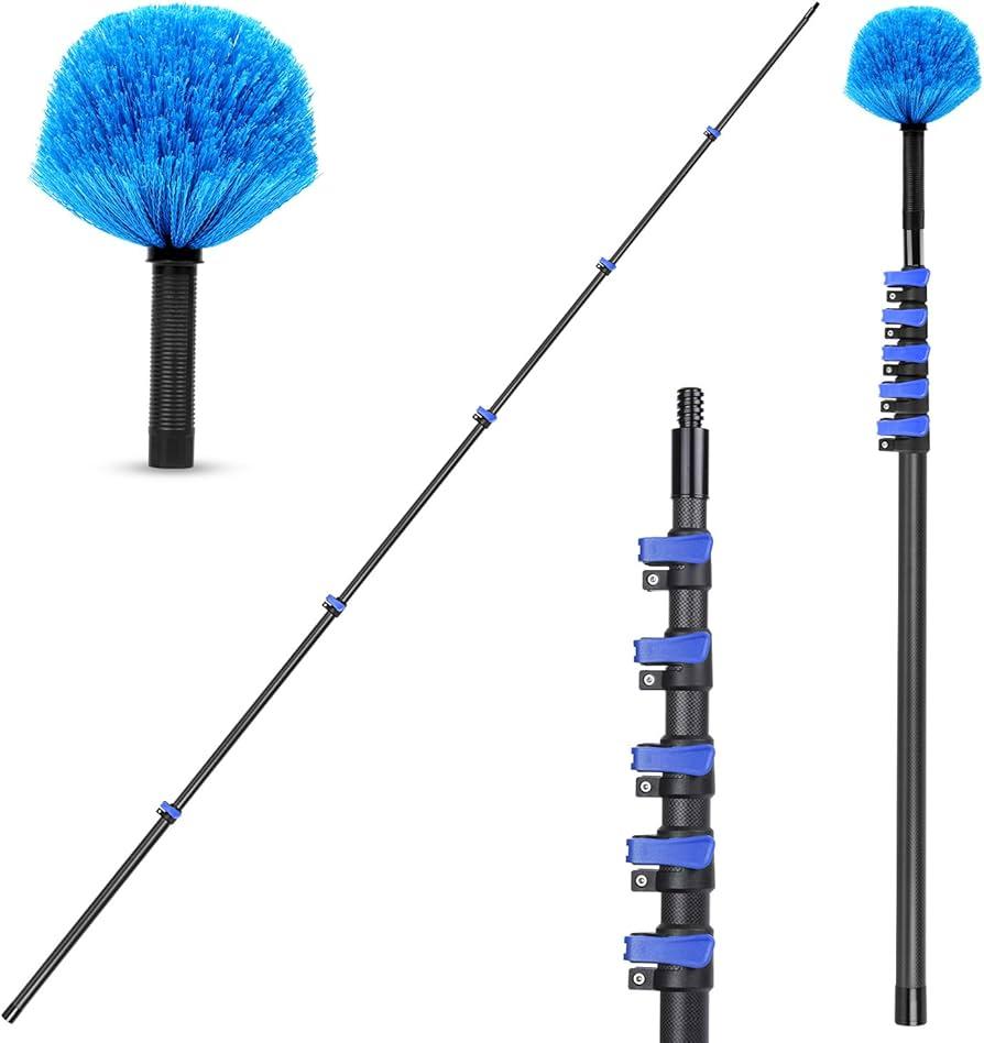 4.7-24 FT Cobweb Duster with Carbon Fiber Extension Pole, 24 Foot High Reach Ceiling Cleaner Tool, Spider Web Brush with Pole 24 Ft 