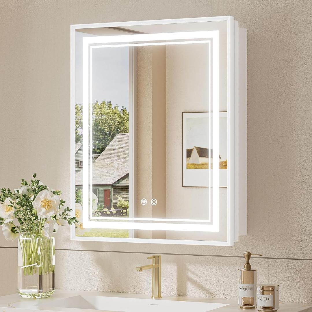 TokeShimi 24x30 Inch LED Medicine Cabinet White Frame, Medicine Cabinet with Lights, 3-Color Lighted Medicine Cabinet Mirror for Bathroom, Anti-Fog, Tempered Glass, Outlets, Wall-Mounted/Recessed