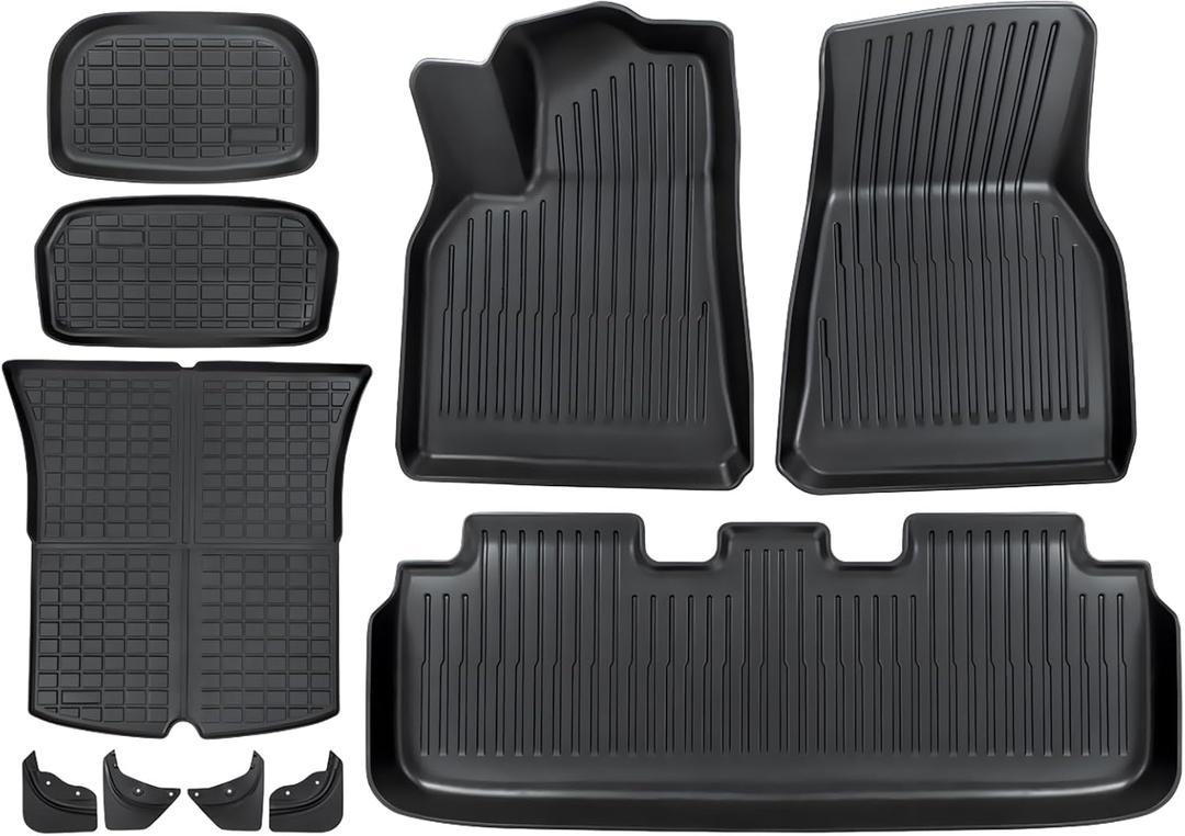 Fruka Full Set Floor Mats with Mud Flaps for Tesla Model Y 2020-2024 Custom Fit All Weather TPE Automotive Cargo Liner and Cargo Trunk Mat Accessories (Only Fit 5-Seat)