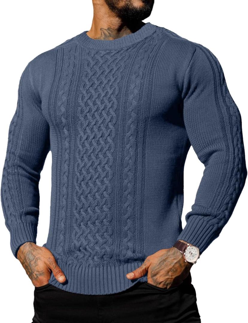 Askdeer Men's Pullover Sweater Fisherman Cable Knit Crewneck Sweater Winter Casual Knitted Sweaters with Ribbing Edge (L)