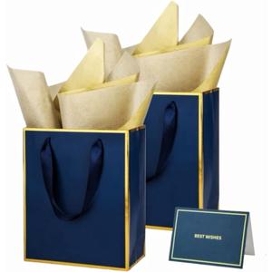 UoeRing 12 Pack Thank You Gift Bags with Handles 9.5x7.5x3.75 inch Gift Bags Medium Size Gift Bag with Tissue Paper and Card for Wedding Birthday Bridesmaid Holidays Mother's Day (Navy Blue)