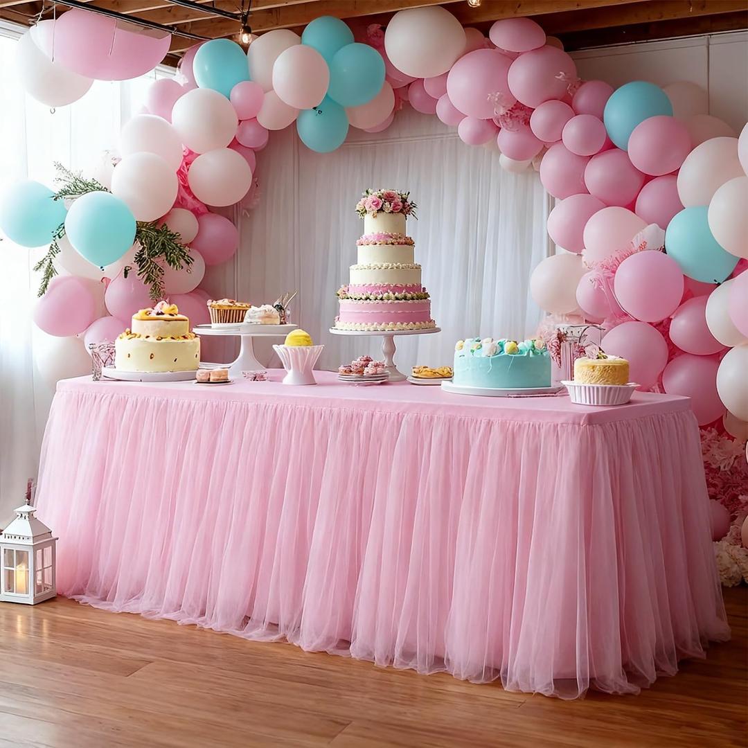 1-Pack Pink 2-in-1 Tulle Tablecloth for 4-Foot Rectangular Table  Stretch Fitted Table Skirt & Cover for Baby Shower, Bridal, Birthday, Princess Party