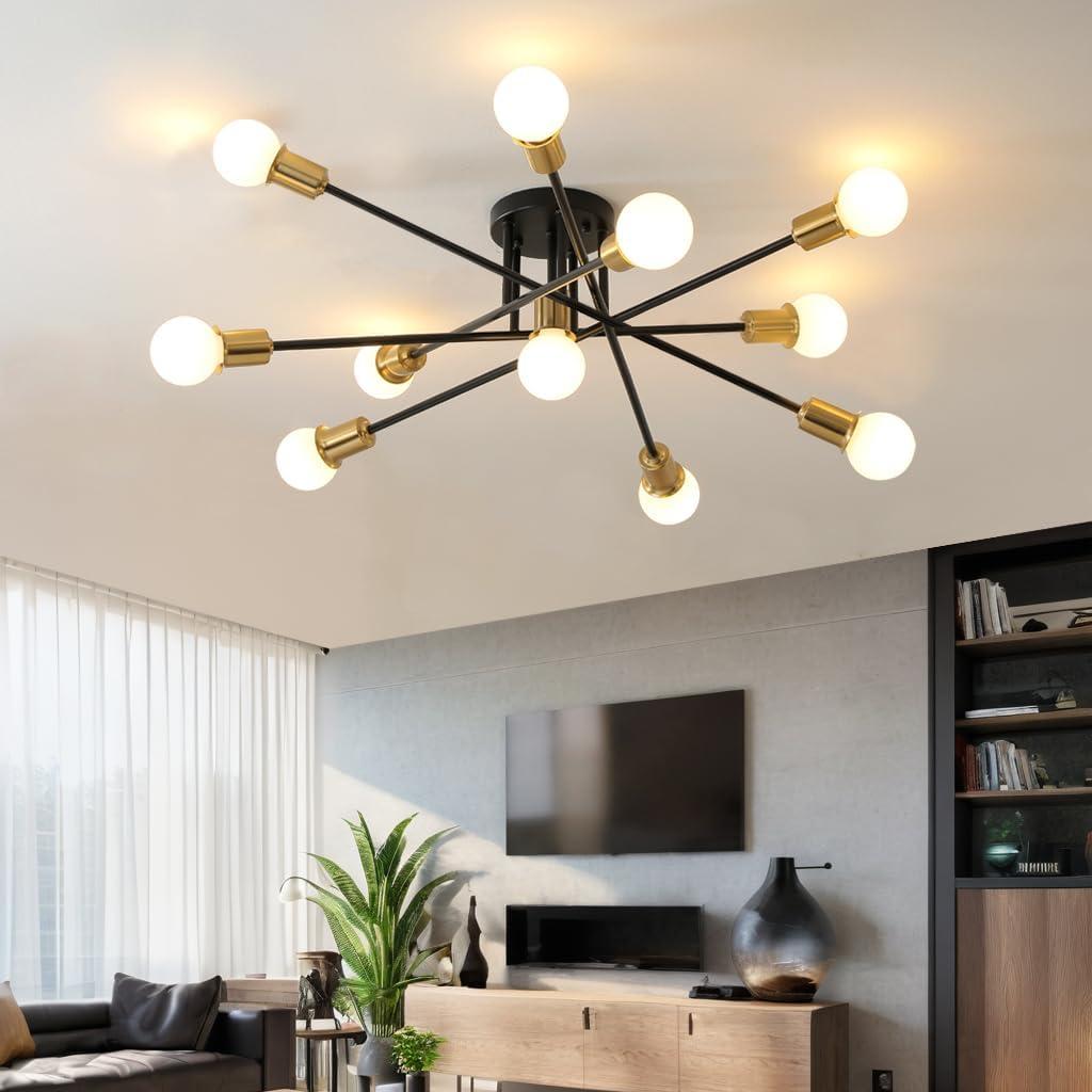 Modern Sputnik Gold and Black Semi Flush Mount Ceiling Light Fixture Minimalist,Mid Century Large 11 Light Metal Chandelier for Living Room Dining Room Bedroom Kitchen Office Entryway