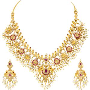 Aheli Beautiful Wedding Wear Indian Laxmi Goddess Faux Stone Studded Floral Design Crafted Necklace Earrings Set Ethnic Fashion Jewelry Gift for Women