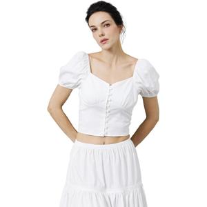Cotton Crop Tops for Women Renaissance Puff Short Sleeve Button Down Blouse Going Out Shirt (Medium, White)