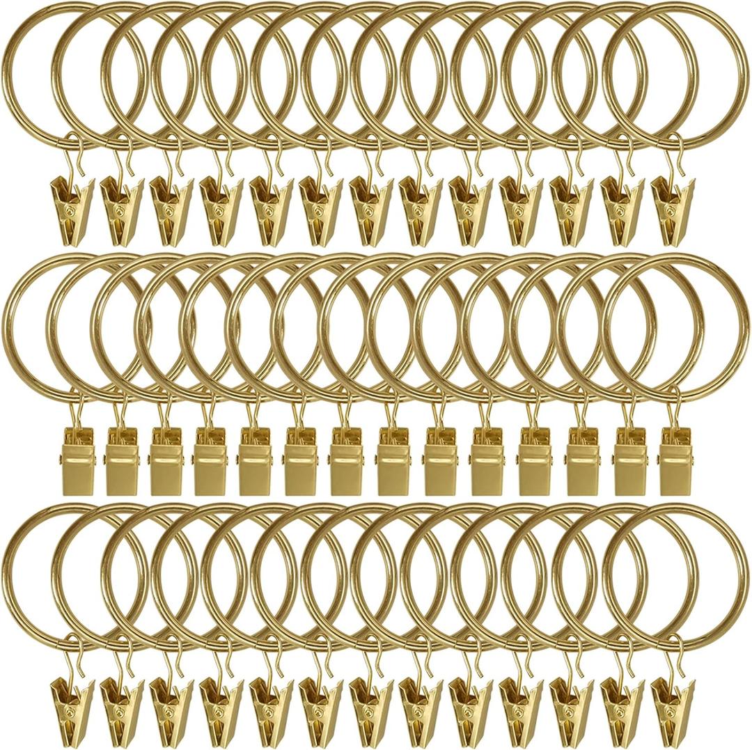40 Pack Metal Curtain Rings with Clips, Curtain Clip Rings Hooks for Hanging Drapery Drapes Bows, Curtain Rod Rings 1.5 inch Interior Diameter, Gold