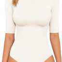MANGOPOP Women's Half Sleeve Crew Neck Bodysuit 3/4 Sleeve Body Suit, White, Small