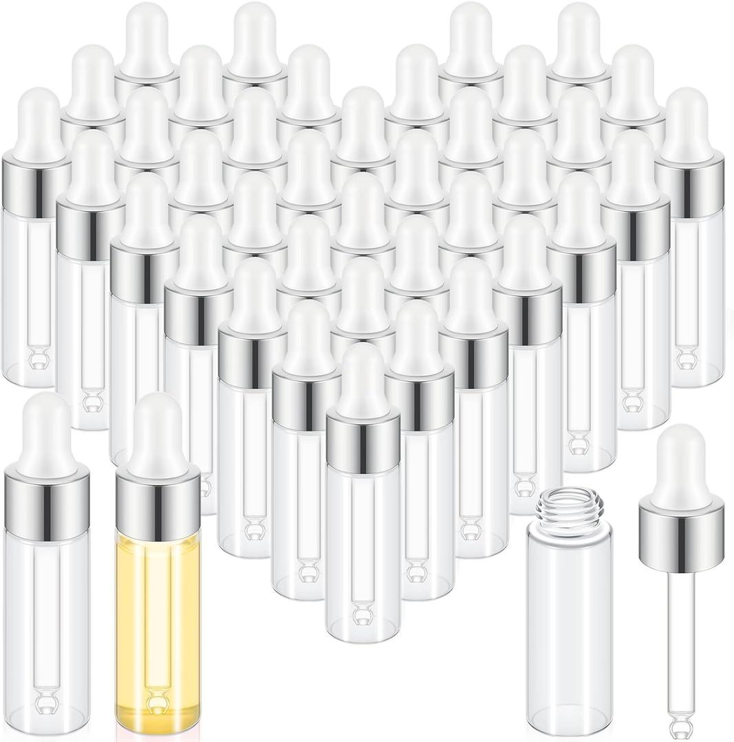 Didaey 100 Pcs Mini Glass Oil Dropper Bottle Bulk, Clear Essential Small Empty Bottles Sample Containers Perfume Liquid Vials with Cap for Traveling (5 ml,Sliver)