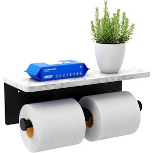 Toilet Paper Holder with Natural Marble Shelf for Bathroom Washroom,Wall Mounted Tissue Holder Suitable for Mega Roll (Matte Black, Large 11.8 * 4.7)