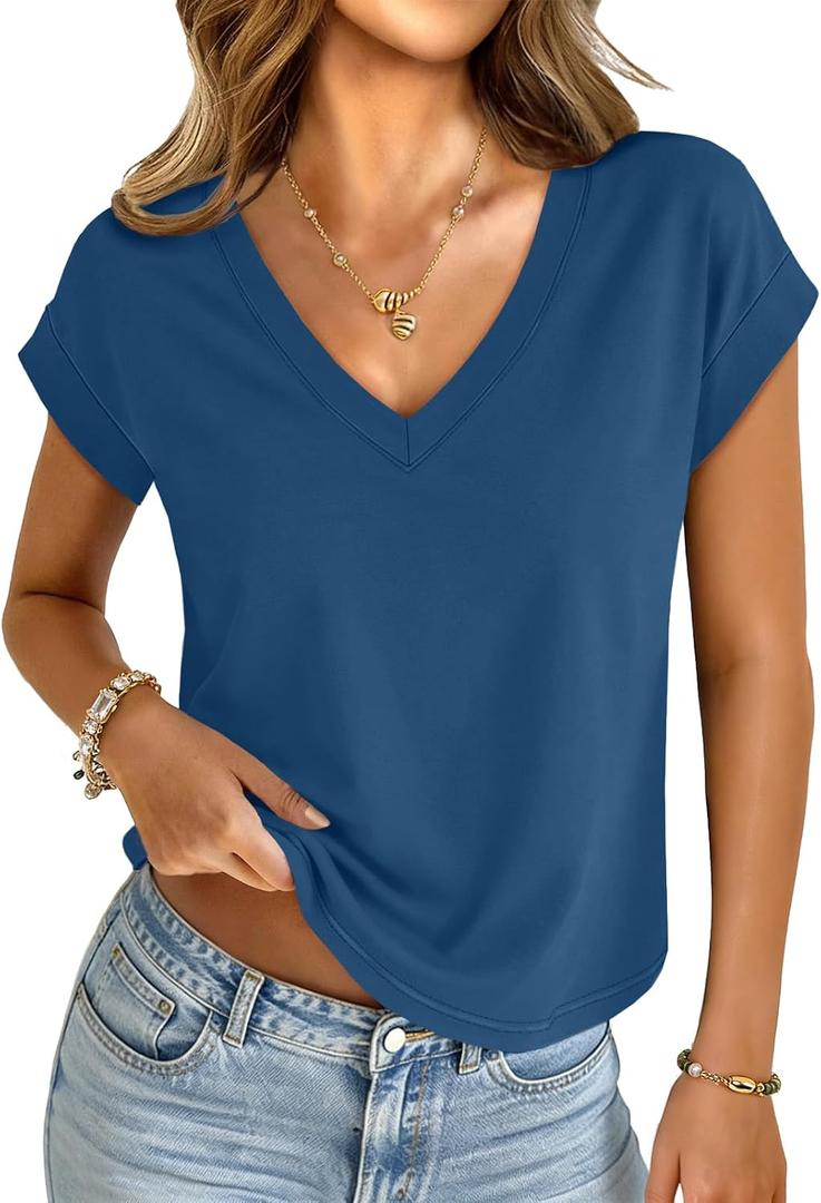 UNCLECAT Womens Crop Tops V Neck Cap Sleeve T Shirts Summer Basic Loose Fit Short Sleeves Tee Cute Trendy Clothes