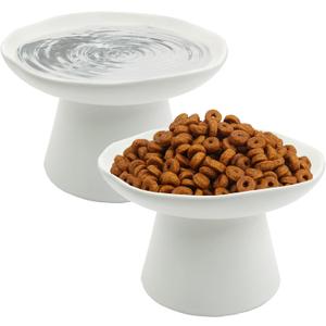 VCEPJH Raised Cat Food Bowls Shallow Cat Plate Pack of 2 Ceramic Elevated Cats Dish 6.1in Flat Anti Whisker Fatigue Wide Pet Food & Water Feeder for Indoor Kitty Kitten (White)