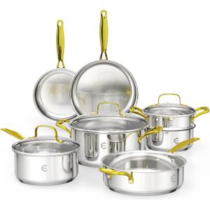 Stainless Steel Cookware Set, Tri-Ply Pots and Pans Set, 26 Piece Kitchen Cooking Utensils Set with Lids, Gold Grip Handles, Induction, Oven, Non-Toxic, Dishwasher Safe, Professional Chef Quality
