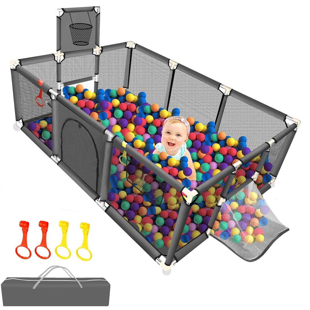 Large Baby Playpen 74''50'', Ball Pit for Toddlers Babies with Basketball Hoop & Soccer Nets, Kids Activity Fence Play Yard with Anti-Slip Base & Soft Breathable Mesh (No Ocean Balls) (Grey)