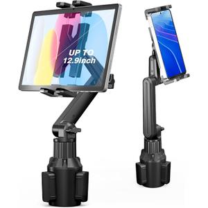 Peastrex Cup Holder Car Tablet Mount, Ipad Cup Holder Car Mount with 15" Adjustable Arm Stand for Tablet iPhone 4.7-13in, iPad Pro Air Mini, Fire, iPhone 16 15, Galaxy S25 S24 Z Fold 6 5